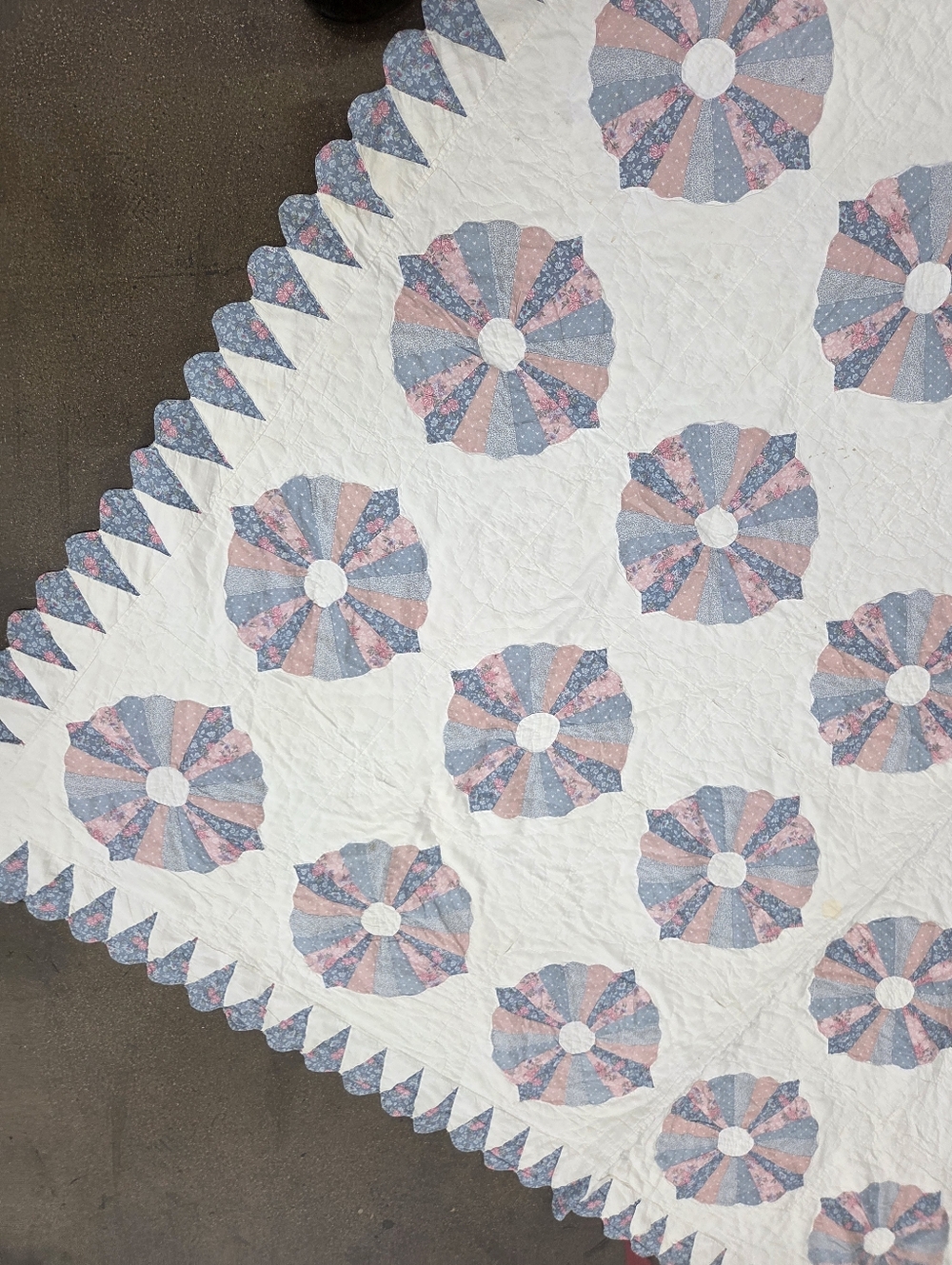 Vintage Handmade White Quilt with Pink and Blue Floral Medallions Floral - Picture 6 of 10